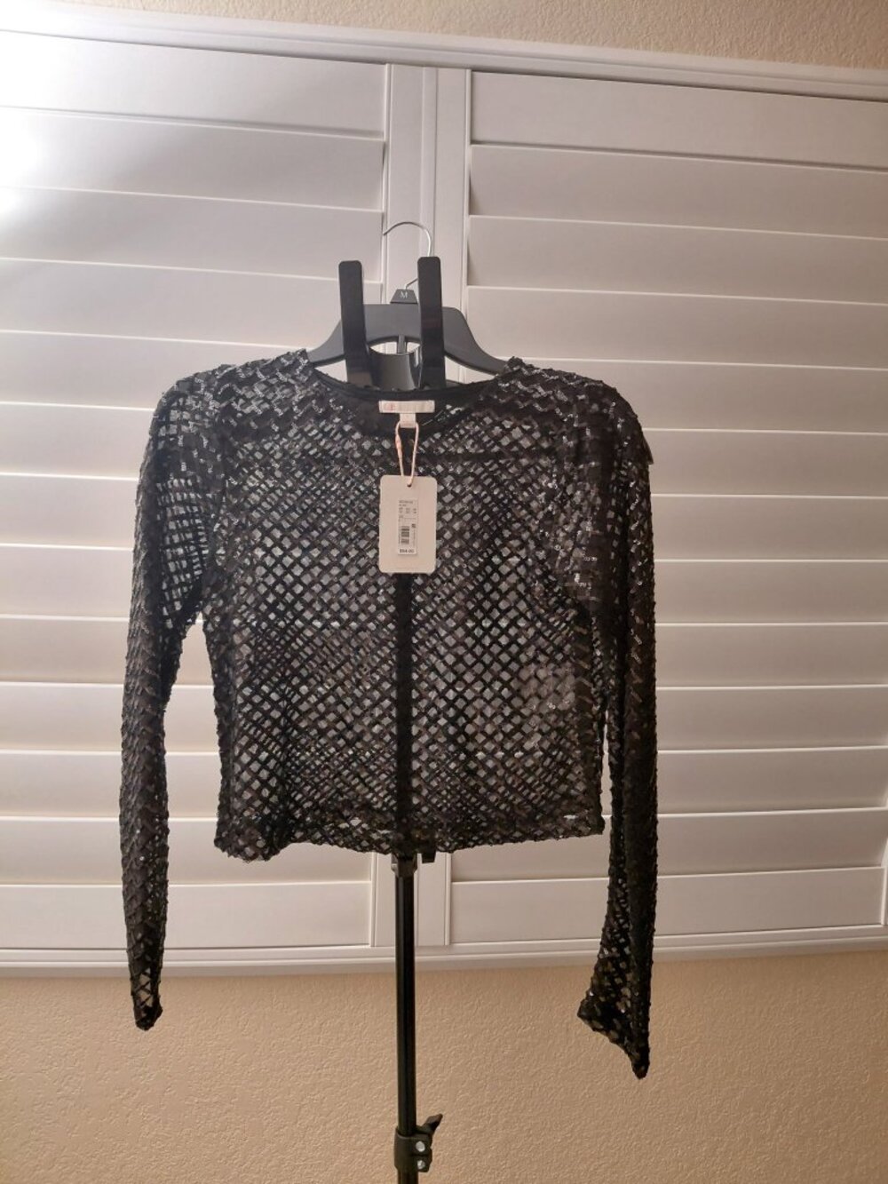 Gianni Bini Black Sequin Sheer Mesh Long Sleeve Top NWT